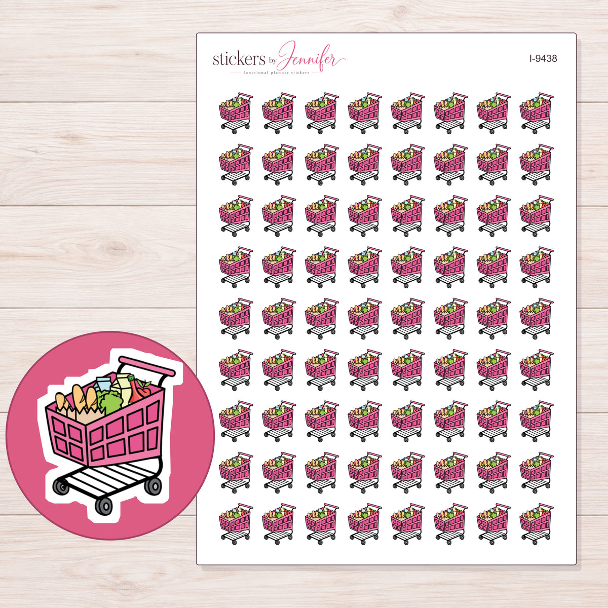 Pink Grocery Cart Planner Stickers | I-9438 — 5 × 7 inch sheet and enlarged sticker detail