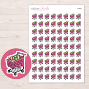Pink Grocery Cart Planner Stickers | I-9438 — 5 × 7 inch sheet and enlarged sticker detail