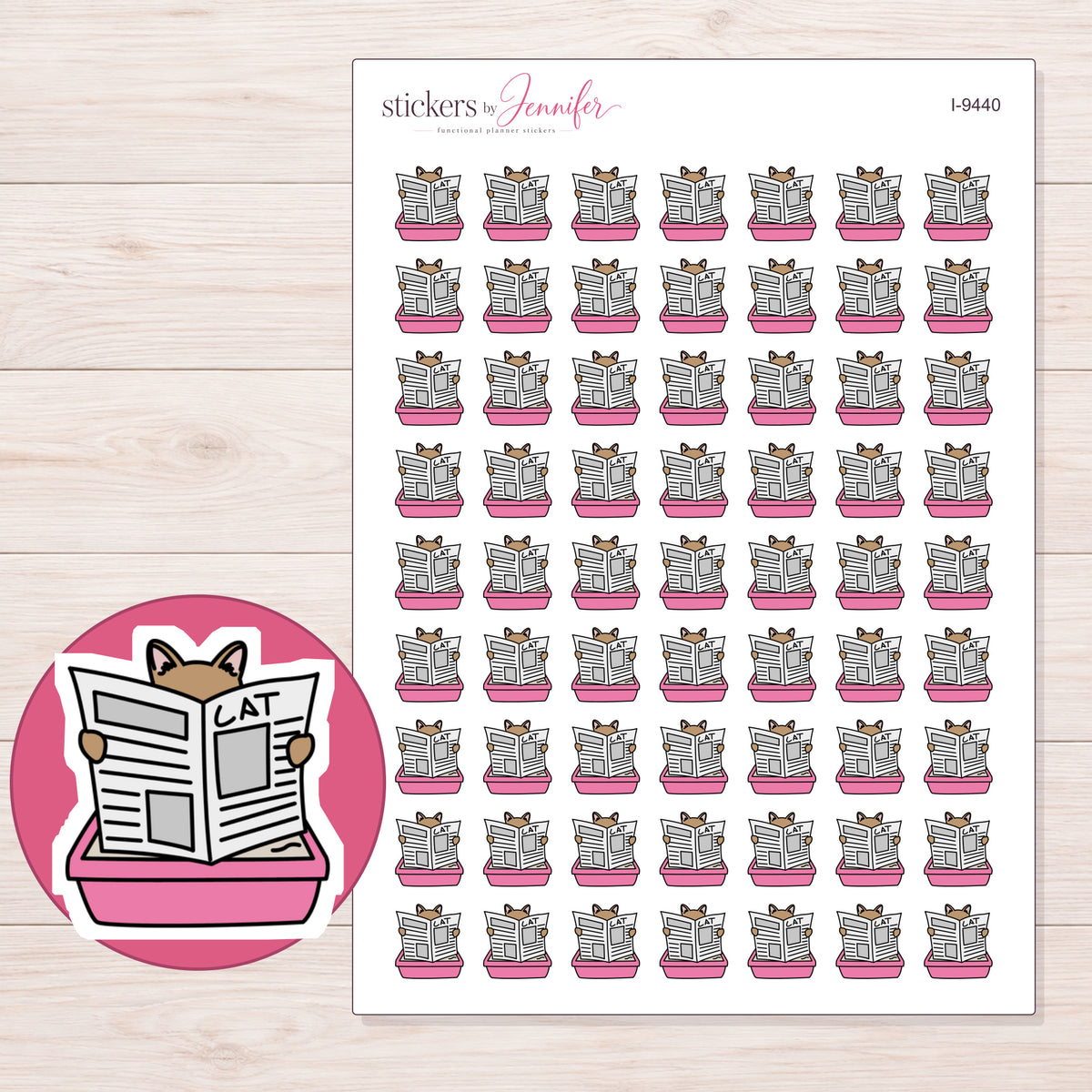 Cat in Pink Litter Tray Planner Stickers | I-9440 — 5 × 7 inch sheet and enlarged sticker detail