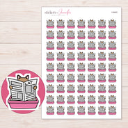 Cat in Pink Litter Tray Planner Stickers | I-9440 — 5 × 7 inch sheet and enlarged sticker detail