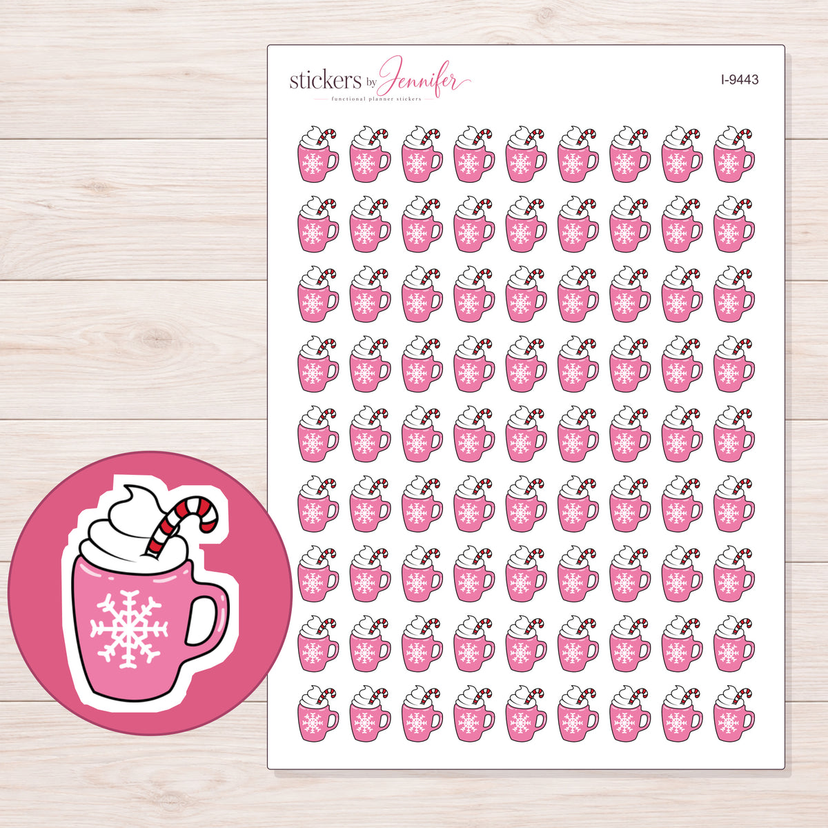 Pink Snowflake Cocoa Mug Planner Stickers | I-9443 — 5 × 7 inch sheet and enlarged sticker detail