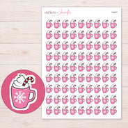 Pink Snowflake Cocoa Mug Planner Stickers | I-9443 — 5 × 7 inch sheet and enlarged sticker detail
