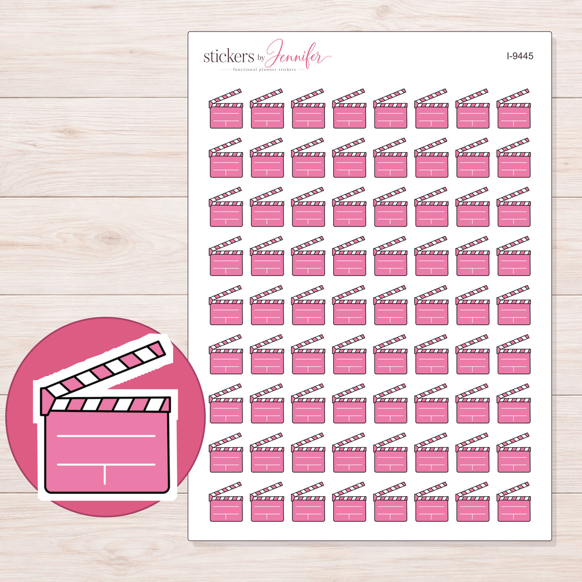 Pink Clapperboard Planner Stickers | I-9445 — 5 × 7 inch sheet and enlarged sticker detail