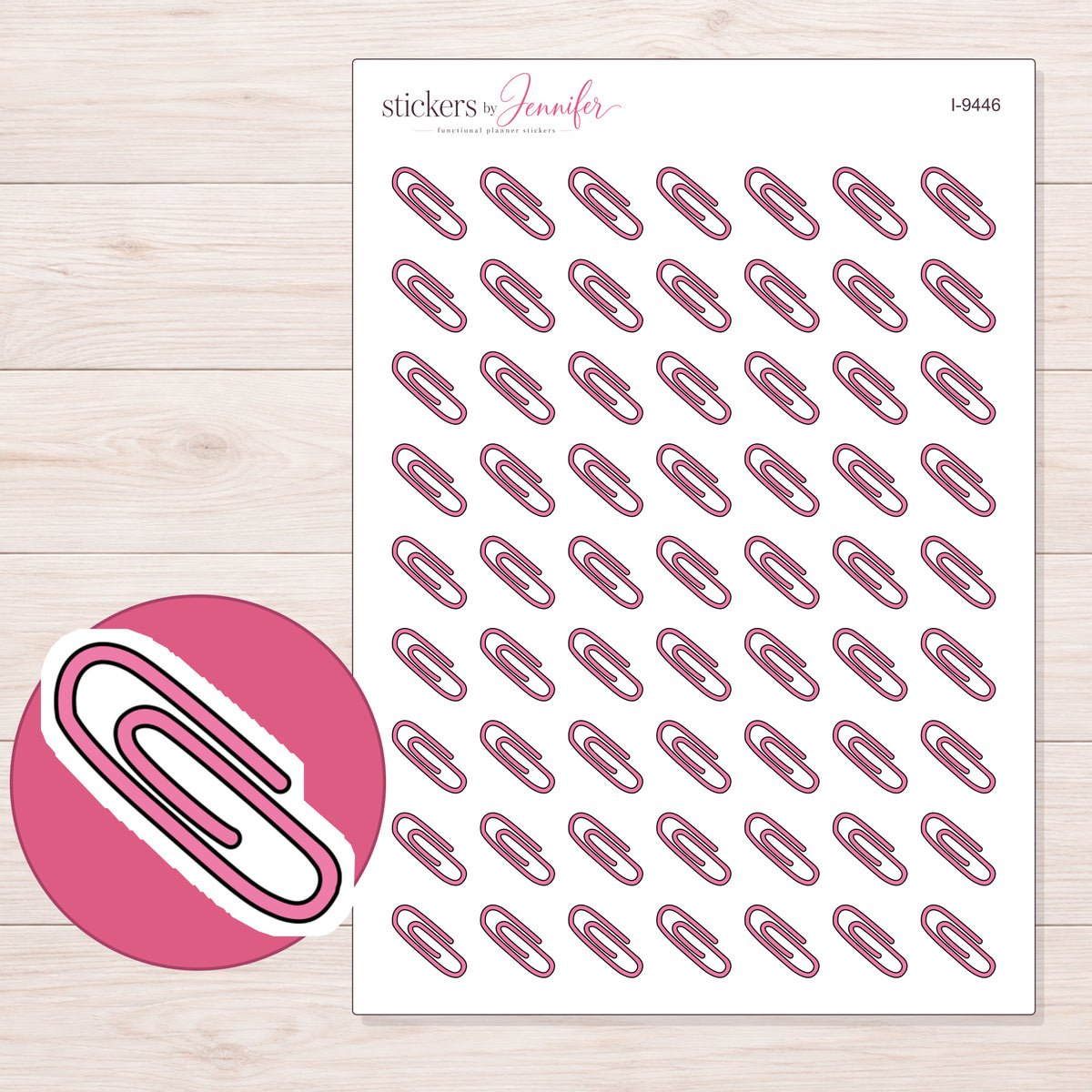 Pink Paper Clip Planner Stickers | I-9446 — 5 × 7 inch sheet and enlarged sticker detail