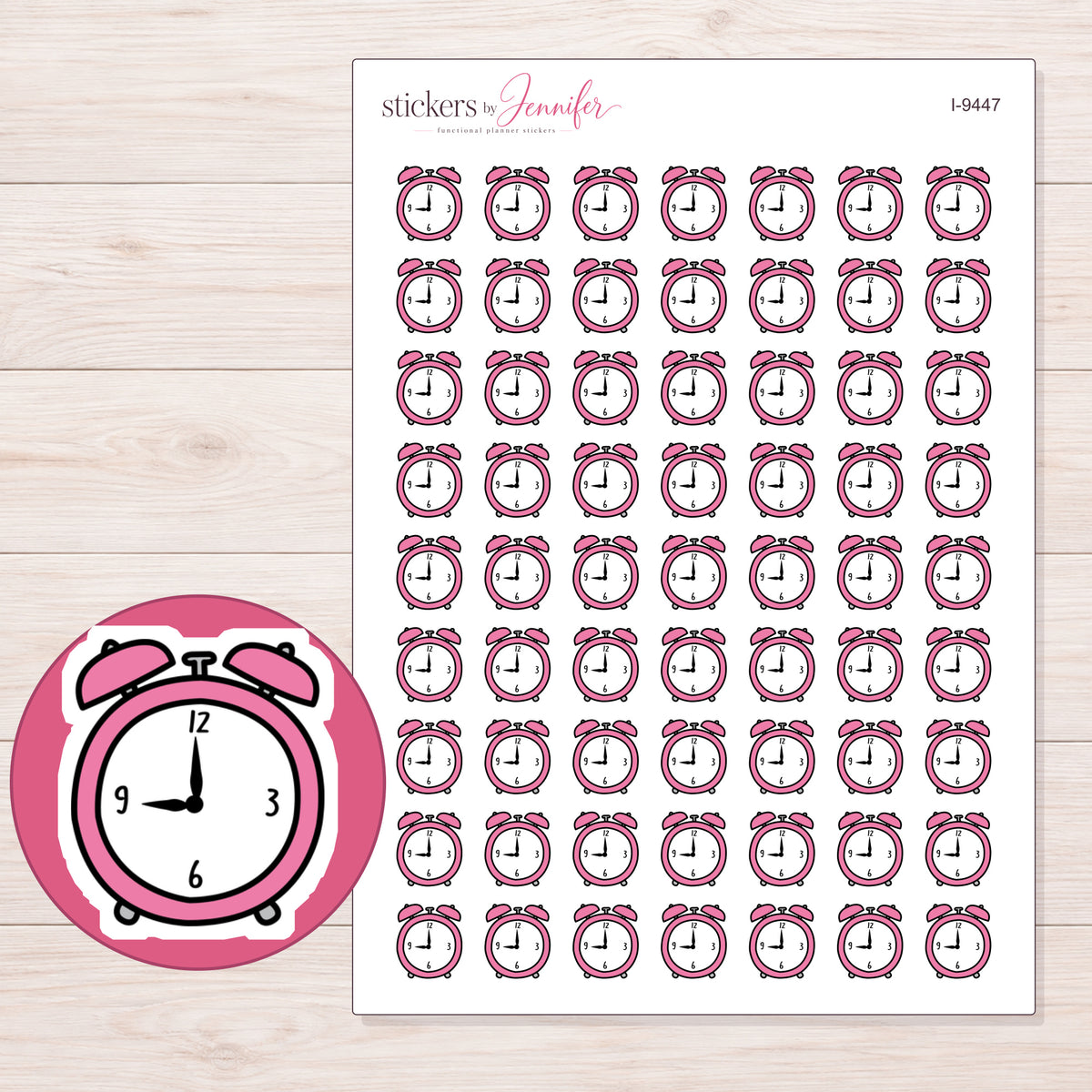 Pink Alarm Clock Planner Stickers | I-9447 — 5 × 7 inch sheet and enlarged sticker detail
