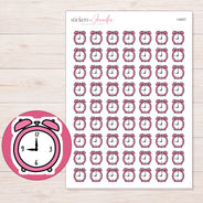 Pink Alarm Clock Planner Stickers | I-9447 — 5 × 7 inch sheet and enlarged sticker detail