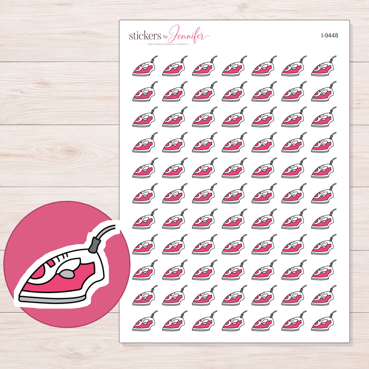 Pink Clothes Iron Planner Stickers | I-9448 — 5 × 7 inch sheet and enlarged sticker detail