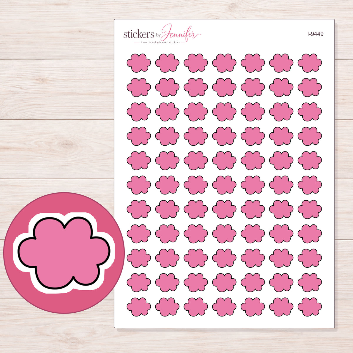 Pink Puffy Cloud Planner Stickers | I-9449 — 5 × 7 inch sheet and enlarged sticker detail