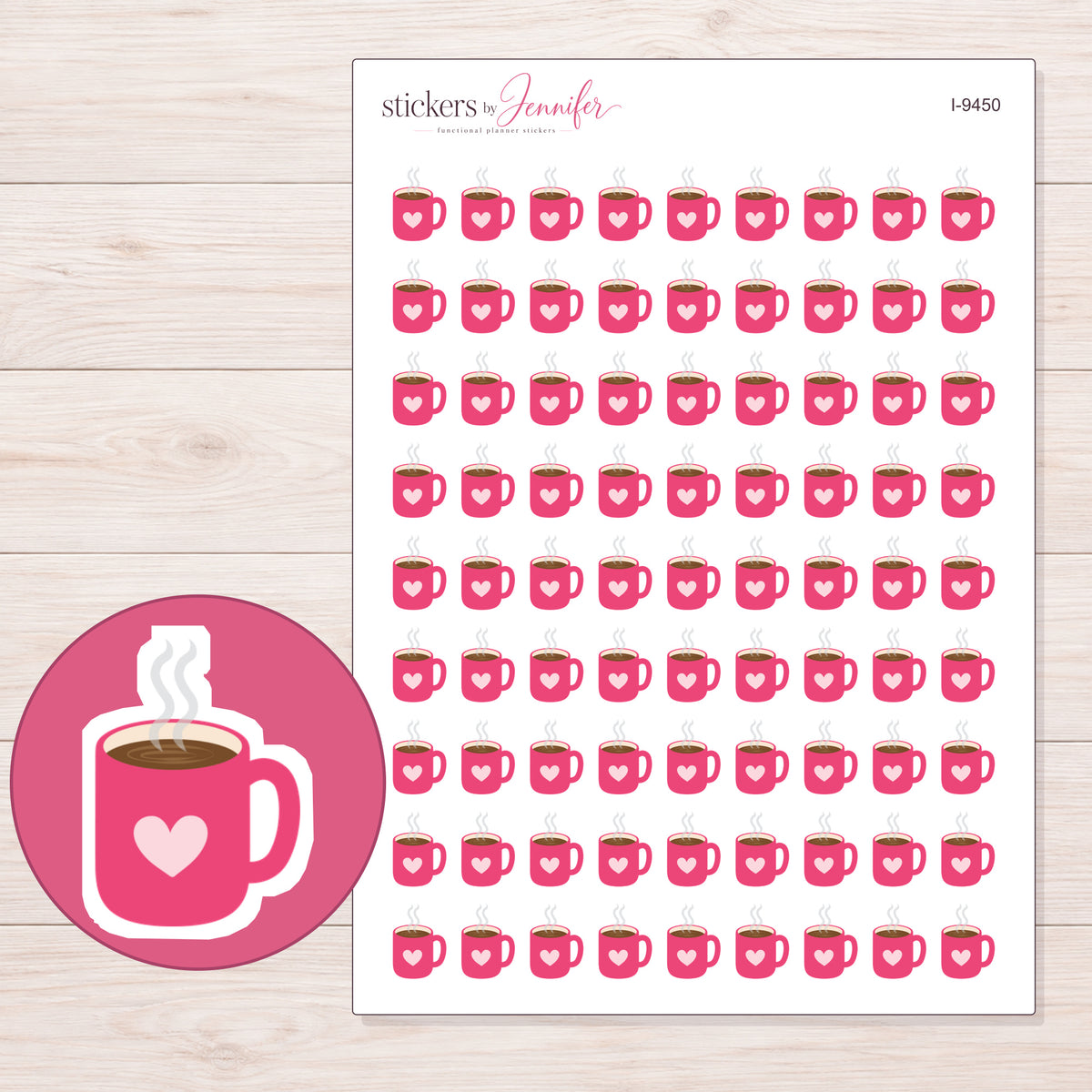 Pink Heart Coffee Mug Planner Stickers | I-9450 — 5 × 7 inch sheet and enlarged sticker detail