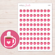 Pink Heart Coffee Mug Planner Stickers | I-9450 — 5 × 7 inch sheet and enlarged sticker detail