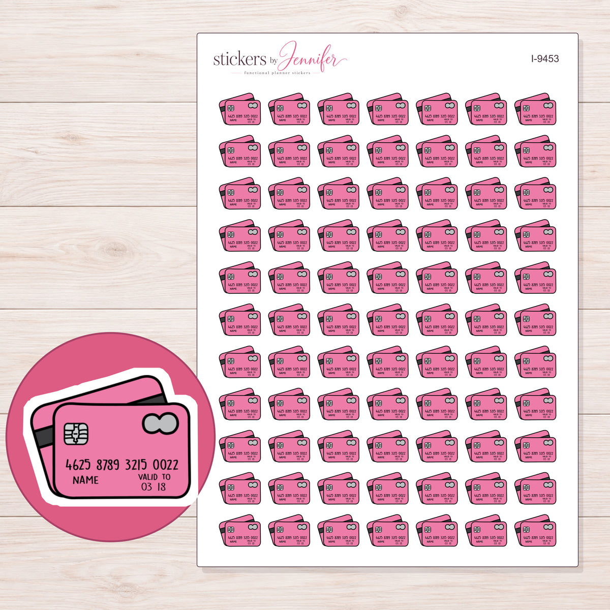 Pink Credit Cards Planner Stickers | I-9453 — 5 × 7 inch sheet and enlarged sticker detail