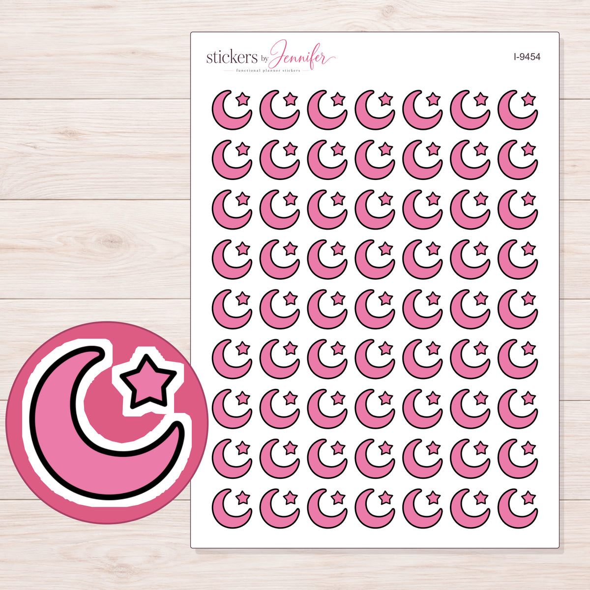 Pink Crescent Moon and Star Planner Stickers | I-9454 — 5 × 7 inch sheet and enlarged sticker detail