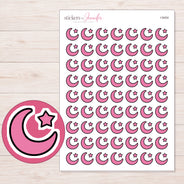 Pink Crescent Moon and Star Planner Stickers | I-9454 — 5 × 7 inch sheet and enlarged sticker detail
