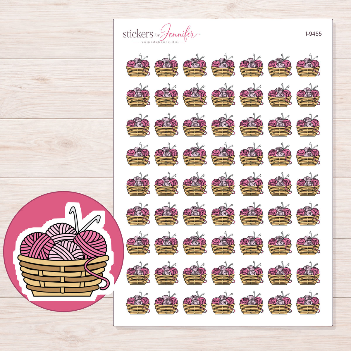 Pink Crochet Yarn Basket Planner Stickers | I-9455 — 5 × 7 inch sheet and enlarged sticker detail