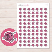 Pink Yarn Ball and Crochet Hook Planner Stickers | I-9456 — 5 × 7 inch sheet and enlarged sticker detail