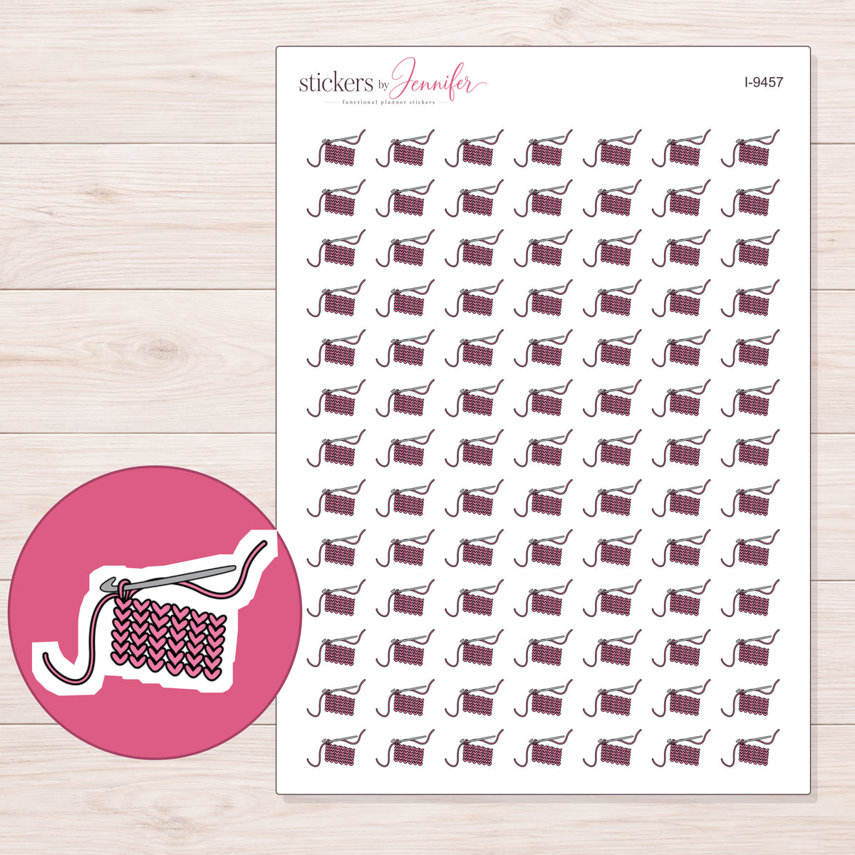 Pink Crochet Work in Progress Planner Stickers | I-9457 — 5 × 7 inch sheet and enlarged sticker detail