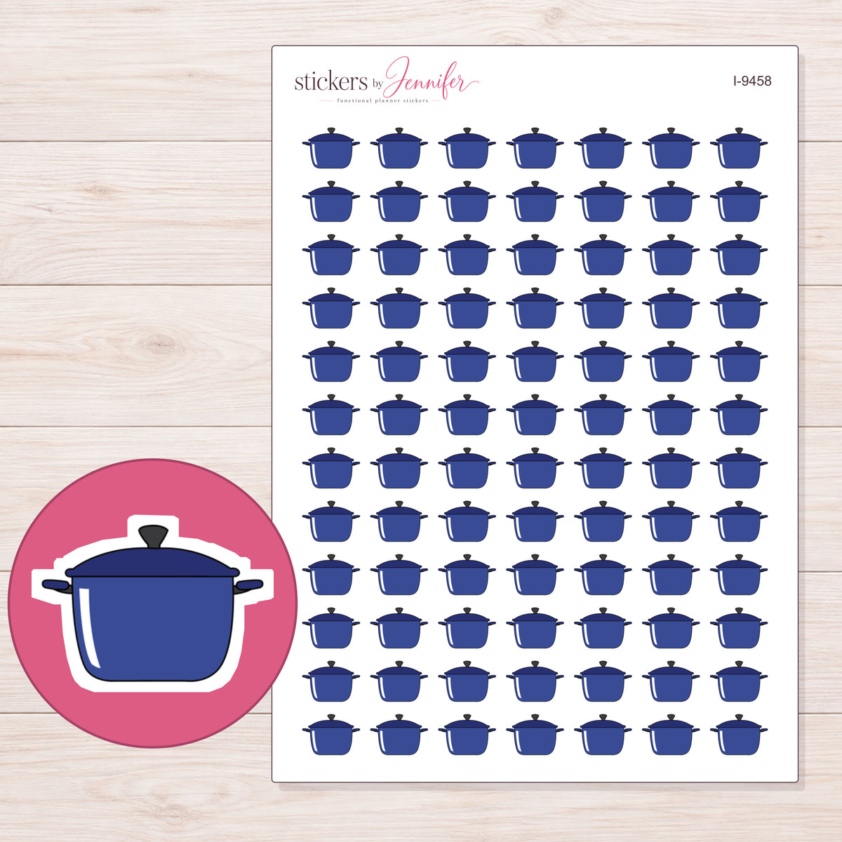 Navy Lidded Cooking Pot Planner Stickers | I-9458 — 5 × 7 inch sheet and enlarged sticker detail
