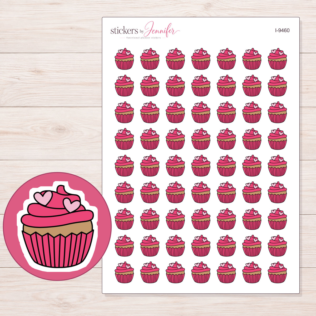 Pink Heart Cupcake Planner Stickers | I-9460 — 5 × 7 inch sheet and enlarged sticker detail