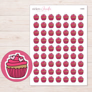 Pink Heart Cupcake Planner Stickers | I-9460 — 5 × 7 inch sheet and enlarged sticker detail