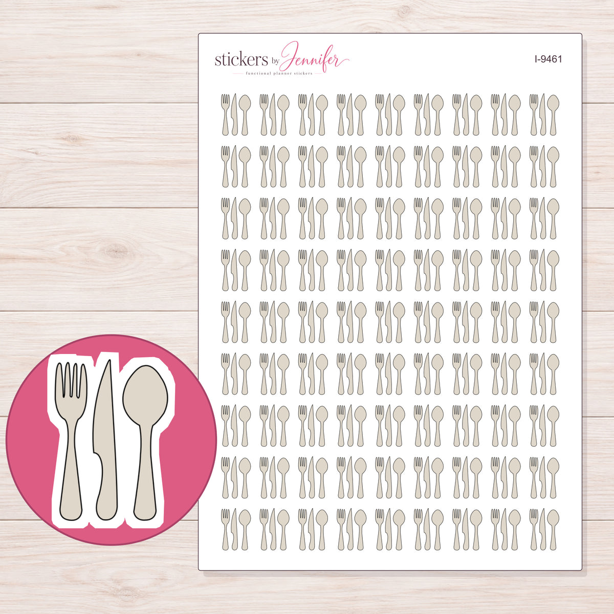 Warm Gray Cutlery Set Planner Stickers | I-9461 — 5 × 7 inch sheet and enlarged sticker detail