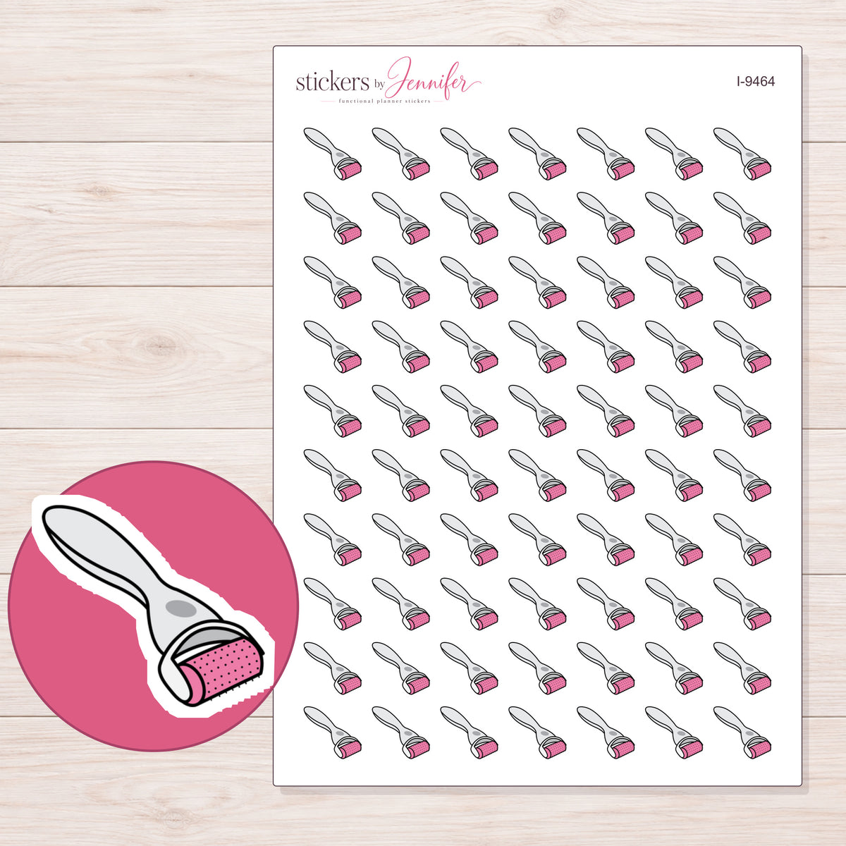 Pink Skin Roller Planner Stickers | I-9464 — 5 × 7 inch sheet and enlarged sticker detail