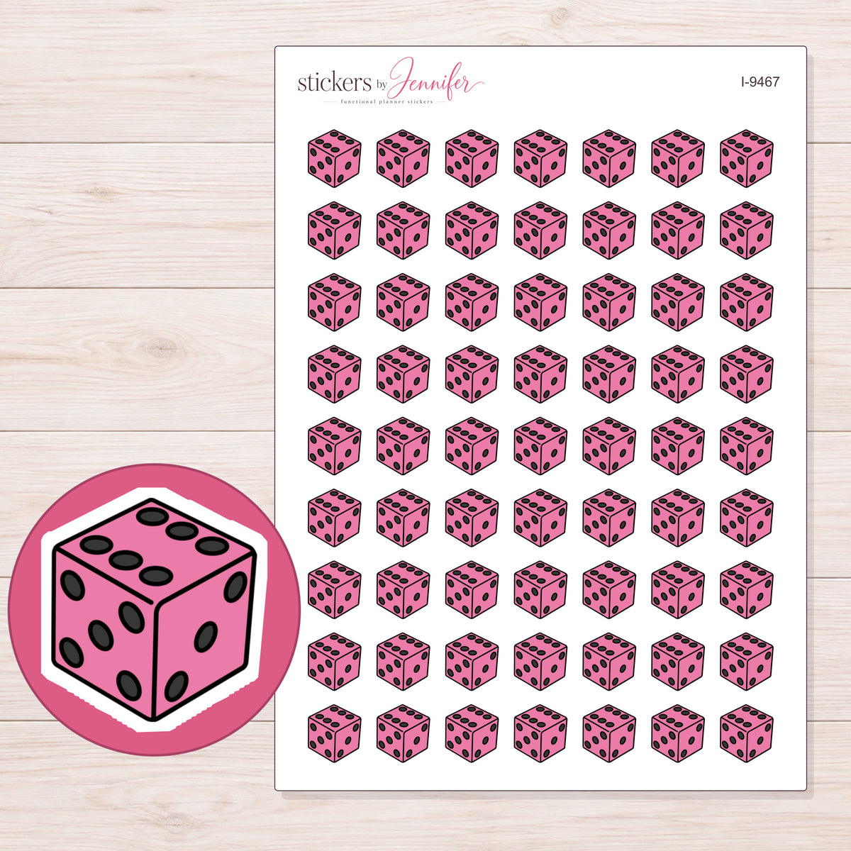 Pink Dice Planner Stickers | I-9467 — 5 × 7 inch sheet and enlarged sticker detail