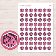 Pink Dice Planner Stickers | I-9467 — 5 × 7 inch sheet and enlarged sticker detail