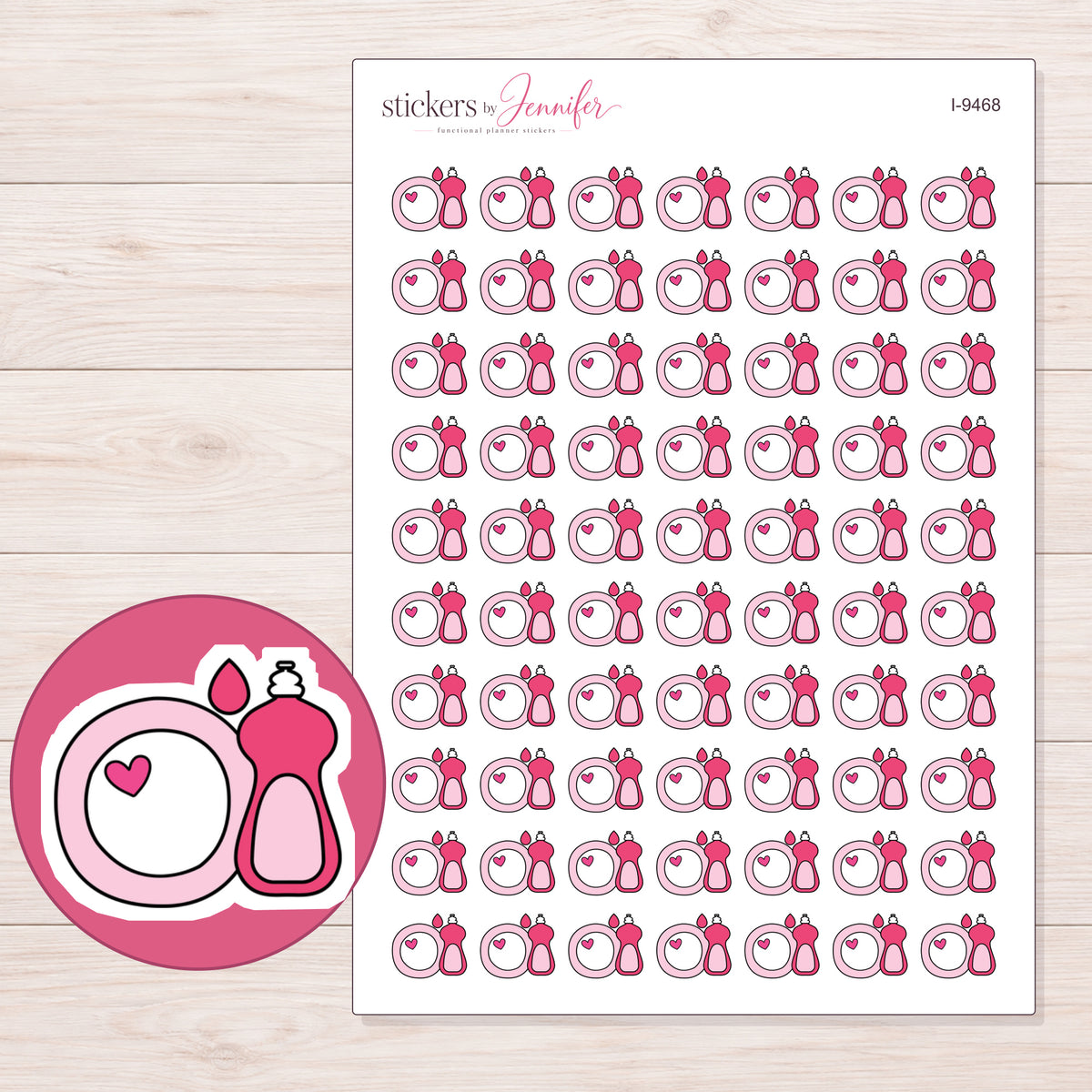 Pink Dish Soap and Plate Planner Stickers | I-9468 — 5 × 7 inch sheet and enlarged sticker detail