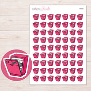 Pink Dishwasher Planner Stickers | I-9469 — 5 × 7 inch sheet and enlarged sticker detail
