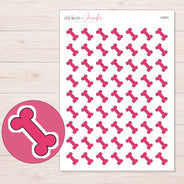 Pink Dog Bone Planner Stickers | I-9470 — 5 × 7 inch sheet and enlarged sticker detail