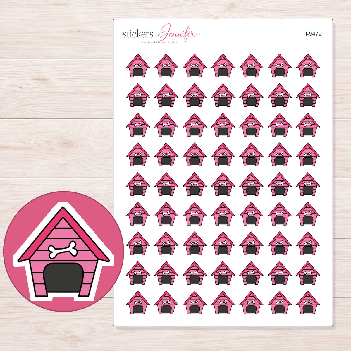 Pink Doghouse Planner Stickers | I-9472 — 5 × 7 inch sheet and enlarged sticker detail
