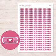 Pink Doodle Heart Bandage Planner Stickers | I-9475 — 5 × 7 inch sheet and enlarged sticker detail