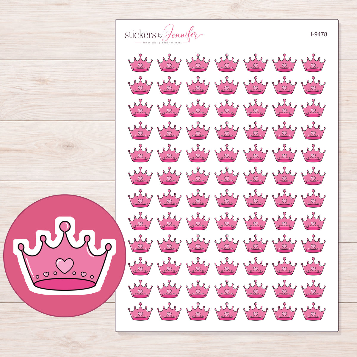Pink Heart Crown Planner Stickers | I-9478 — 5 × 7 inch sheet and enlarged sticker detail