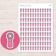Pink Facial Cleansing Brush Planner Stickers | I-9479 — 5 × 7 inch sheet and enlarged sticker detail