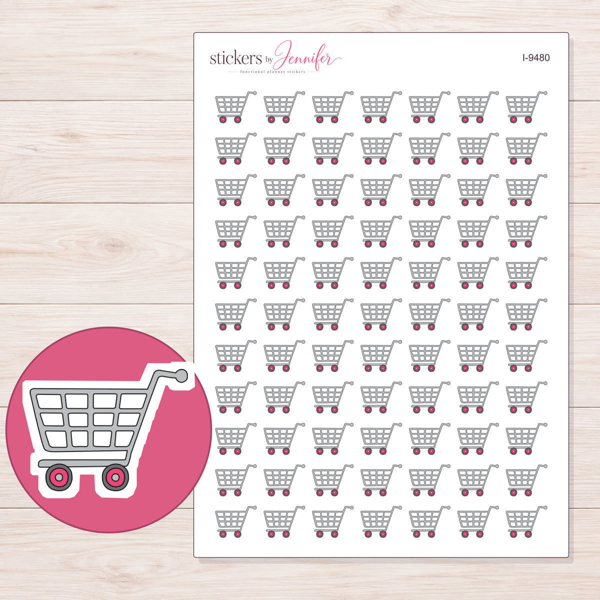 Gray Doodle Grocery Cart Planner Stickers | I-9480 — 5 × 7 inch sheet and enlarged sticker detail