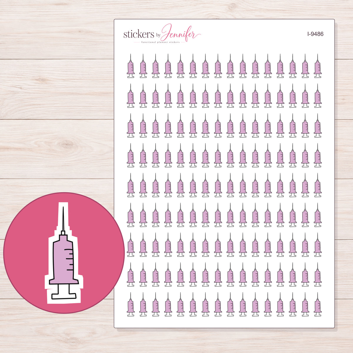 Pale Lavender Syringe Planner Stickers | I-9486 — 5 × 7 inch sheet and enlarged sticker detail