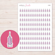 Pale Lavender Syringe Planner Stickers | I-9486 — 5 × 7 inch sheet and enlarged sticker detail