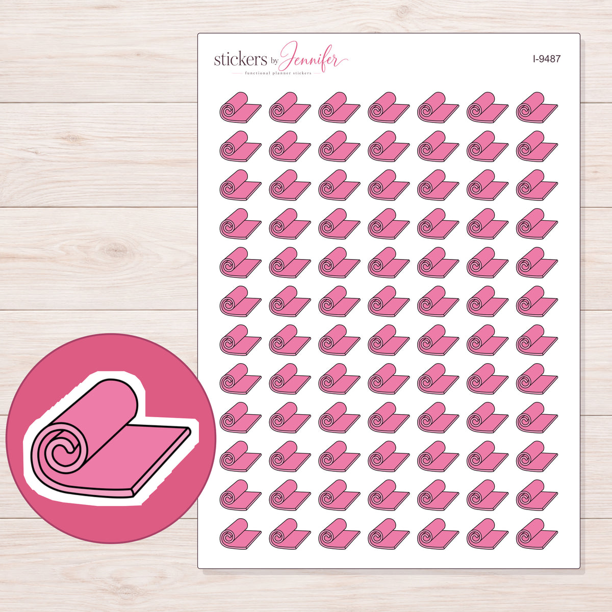Pink Rolled Yoga Mat Planner Stickers | I-9487 — 5 × 7 inch sheet and enlarged sticker detail