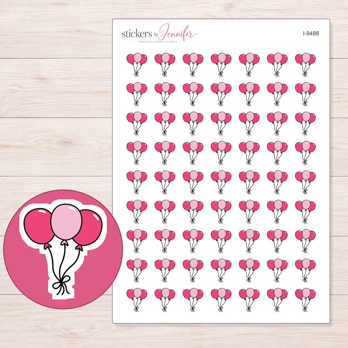 Three Pink Balloons Planner Stickers | I-9488 — 5 × 7 inch sheet and enlarged sticker detail