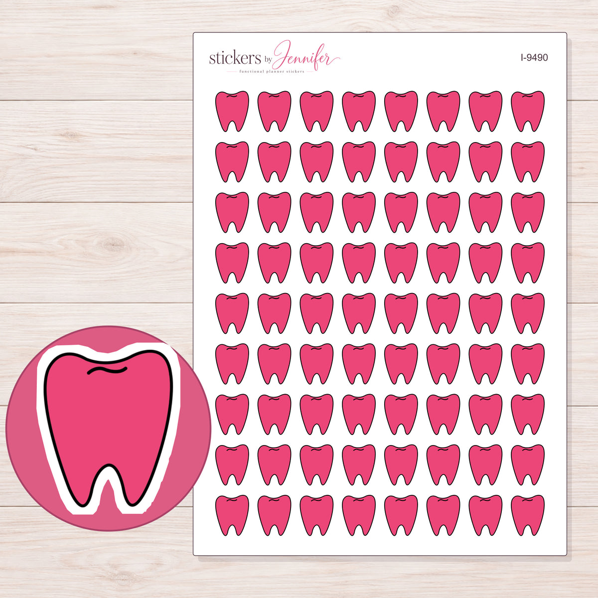 Pink Tooth Planner Stickers | I-9490 — 5 × 7 inch sheet and enlarged sticker detail