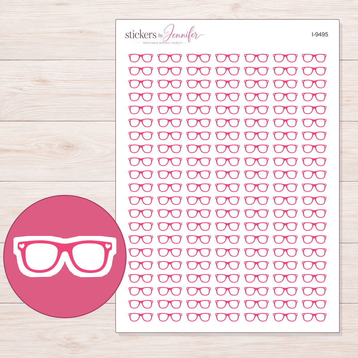 Pink Eyeglasses Planner Stickers | I-9495 — 5 × 7 inch sheet and enlarged sticker detail