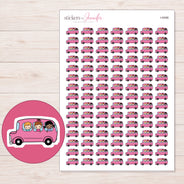 Pink School Trip Bus Planner Stickers | I-9496 — 5 × 7 inch sheet and enlarged sticker detail