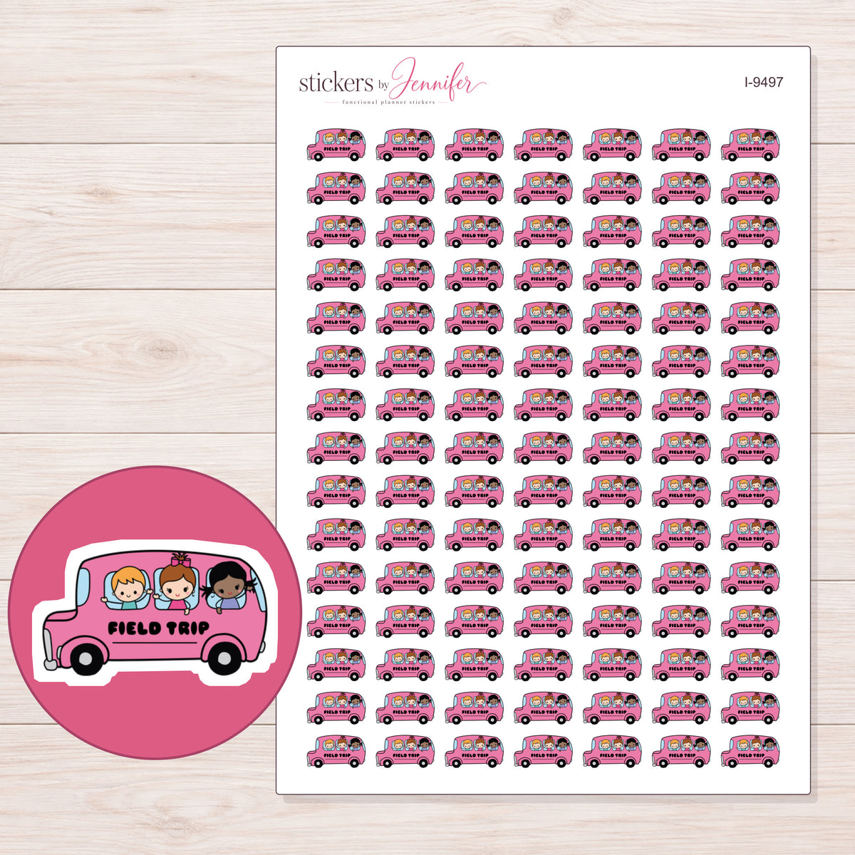 Pink Field Trip Lettered Bus Planner Stickers | I-9497 — 5 × 7 inch sheet and enlarged sticker detail