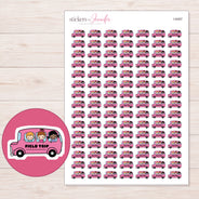 Pink Field Trip Lettered Bus Planner Stickers | I-9497 — 5 × 7 inch sheet and enlarged sticker detail