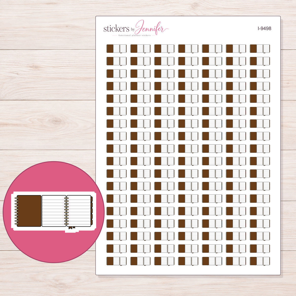 Brown Foldout Planner Stickers | I-9498 — 5 × 7 inch sheet and enlarged sticker detail