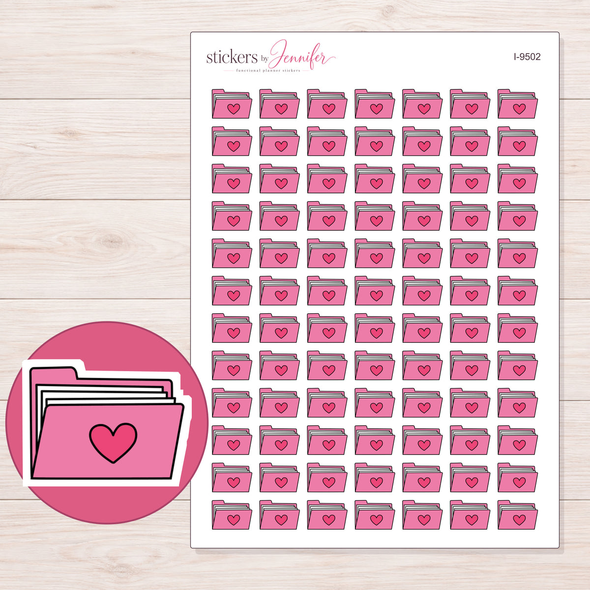 Pink Heart File Folder Planner Stickers | I-9502 — 5 × 7 inch sheet and enlarged sticker detail