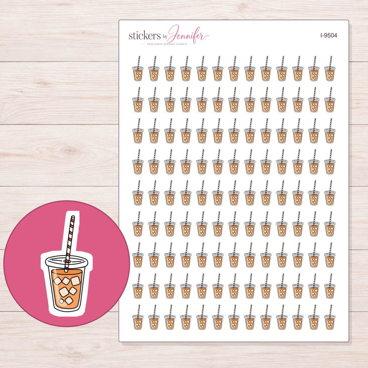 Amber Iced Tea Cup Planner Stickers | I-9504 — 5 × 7 inch sheet and enlarged sticker detail