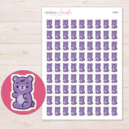 Purple Gummy Bear Planner Stickers | I-9506 — 5 × 7 inch sheet and enlarged sticker detail