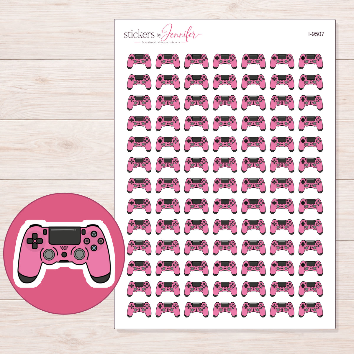 Pink Game Controller Planner Stickers | I-9507 — 5 × 7 inch sheet and enlarged sticker detail