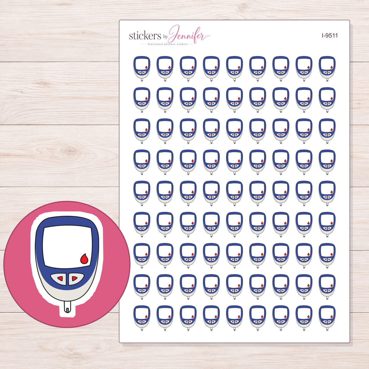Navy Blue Glucose Meter Planner Stickers | I-9511 — 5 × 7 inch sheet and enlarged sticker detail
